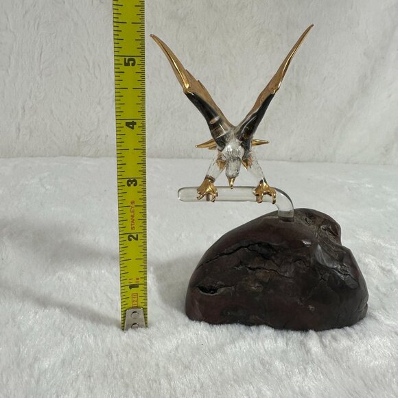 Vintage Glass Baron Bald Eagle Blown Art Statue Burl Wood Base 22 kt Gold tips - Picture 7 of 8
